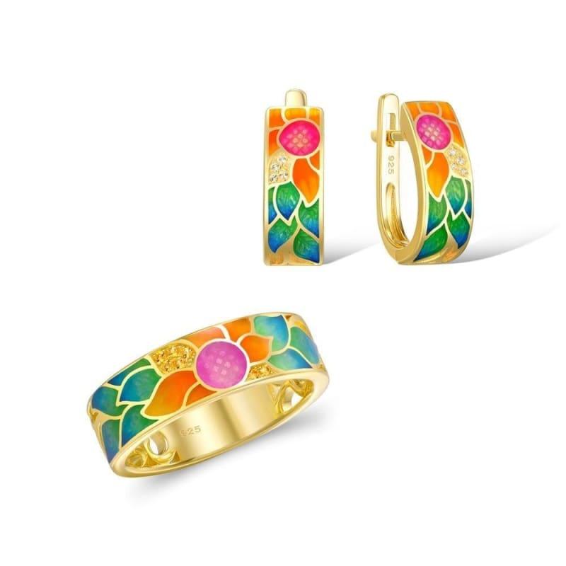 Yellow Enamel Flower Ring Earrings Set 925 Sterling Silver Charming Fashion Jewelry Set