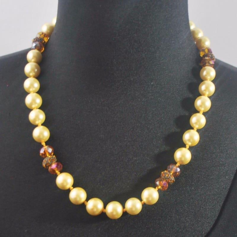 Yellow Shell  Pearls with Copper Rhinestone Accent Necklace