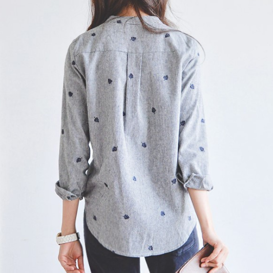 Solid Color Striped Embroidery Long Sleeve Shirt – Shodg
