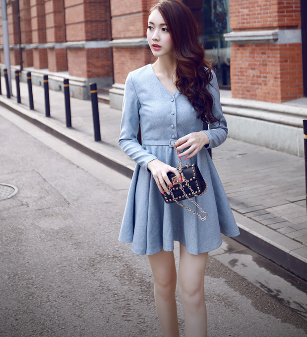 Solid color v-neck long-sleeved dress – Shodg