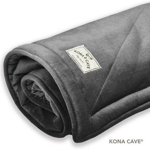 KONA CAVE® Luxury Pet Blanket in Grey Velvet and lined with super soft fluffy fleece. Great pet blanket for travel in car, at restaurants or in hotels.