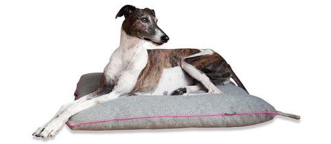 KONA CAVE thick, padded flat dog bed for big dogs, grey flannel with pink trim, washable