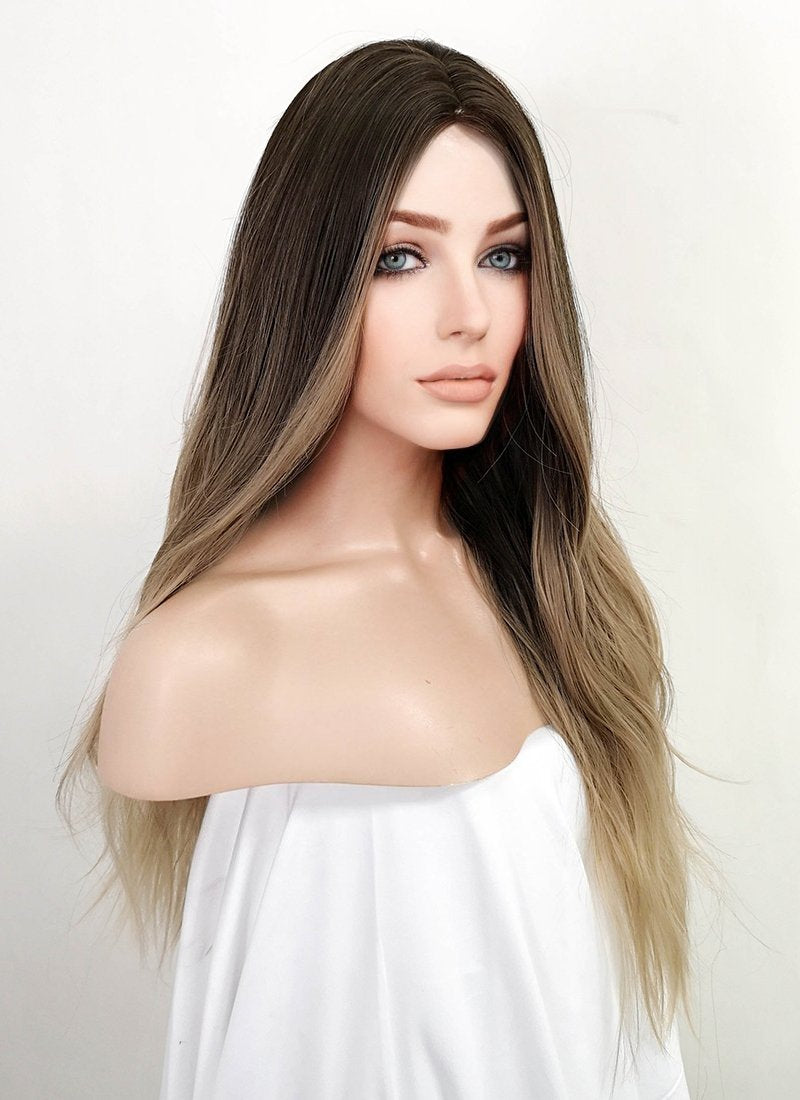 Ash Blonde Black Ombre Wavy Synthetic Wig NS140