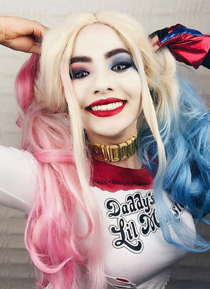 Wavy Blonde Harley Quinn Synthetic Pink Blue Ponytail Lace Front