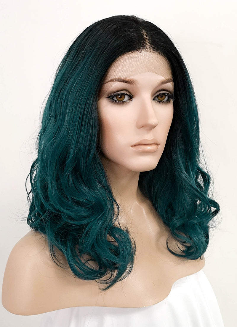 Dark Turquoise Blue With Dark Roots Wavy Bob Lace Front Synthetic Wig Wig Is Fashion