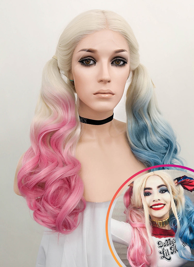 Wavy Blonde Harley Quinn Synthetic Pink Blue Ponytail Lace Front