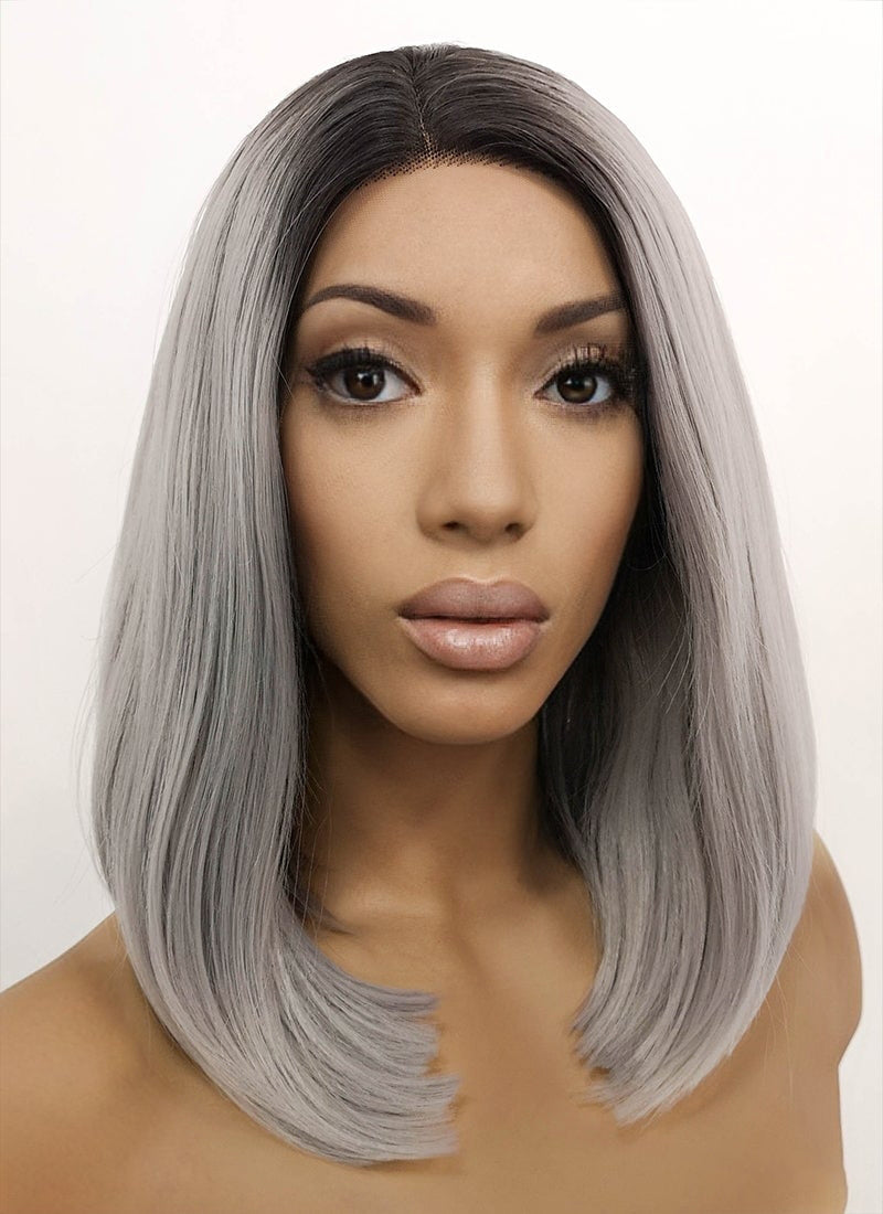 Grey With Dark Roots Straight Bob Lace Front Synthetic Wig