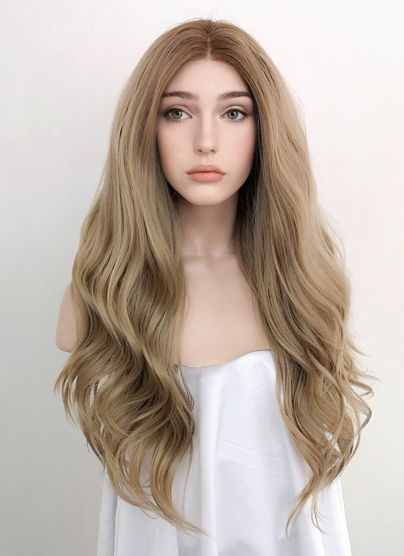 Ash Blonde With Brown Roots Wavy Lace Front Synthetic Wig Lw4000