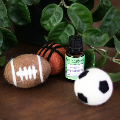 3 wool pet toys (football, soccer ball, basketball) lay on a dark wood next to a green peppermint essential oil bottle in front of a green, leafy plant