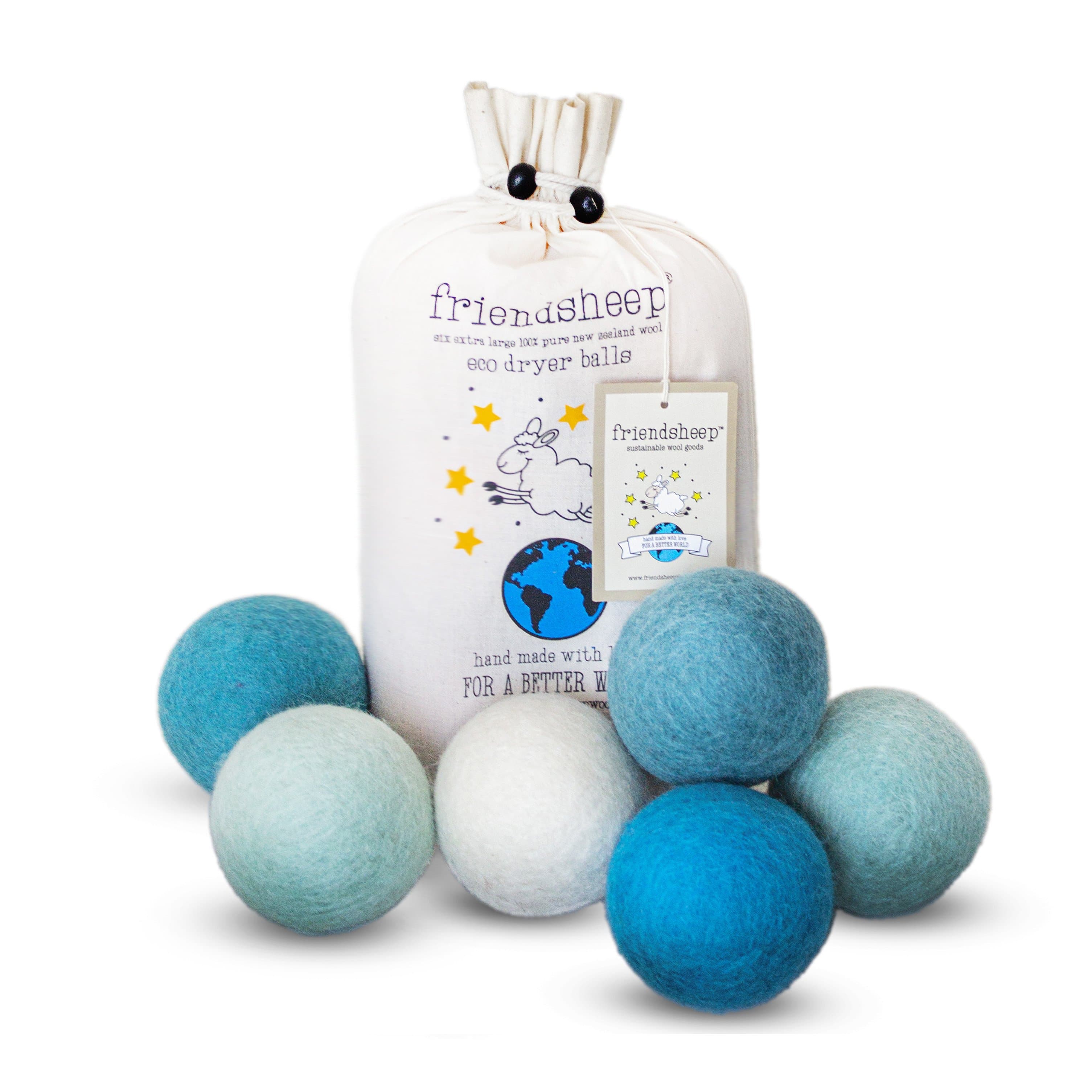  SIX 8Xtry large 100X pure DEW eco dryer balls : o - 27 . friendsheep sustainable wool goods N 2 C% . ith TR T 