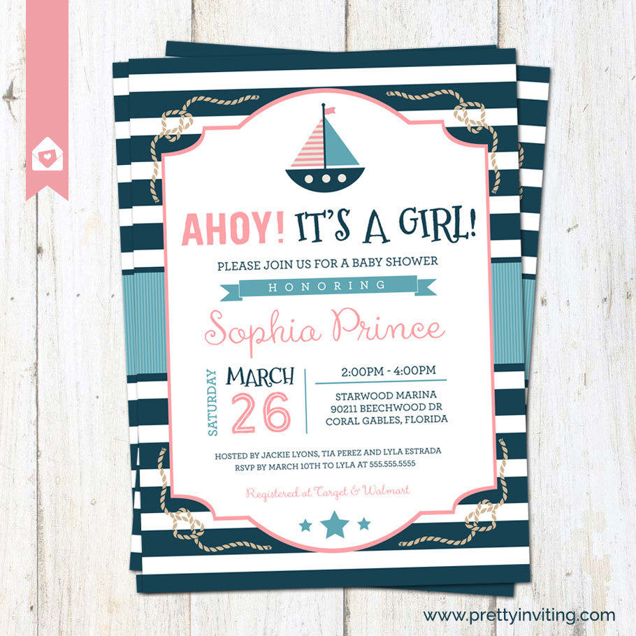 Ahoy Its A Girl Nautical Sailor Baby Shower Invitation