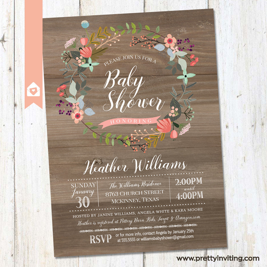 Rustic Wood Floral Wreath Baby Shower Invitation Shabby Chic Count Pretty Inviting