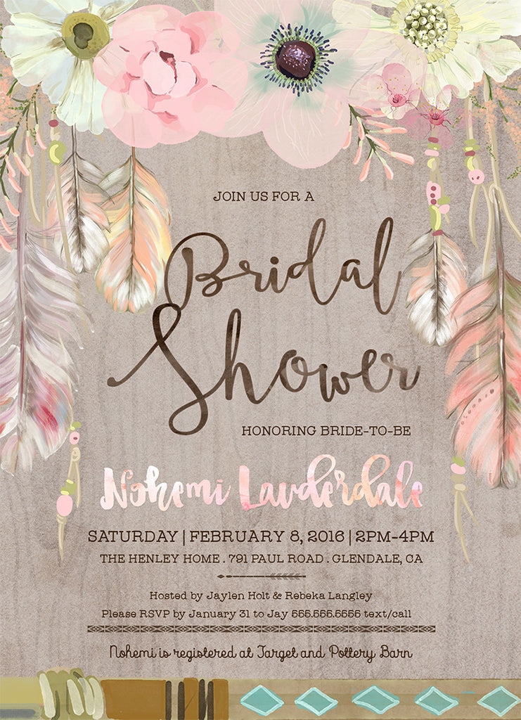 Boho Chic Bridal Shower Invitation - Rustic Floral Feathers in Waterco – Pretty Inviting