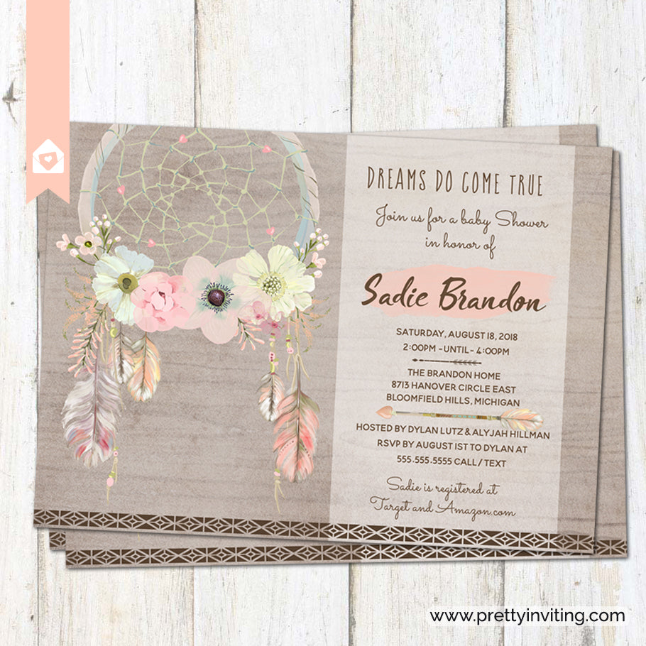 boho chic dreamcatcher baby shower invitation - dreams do come true