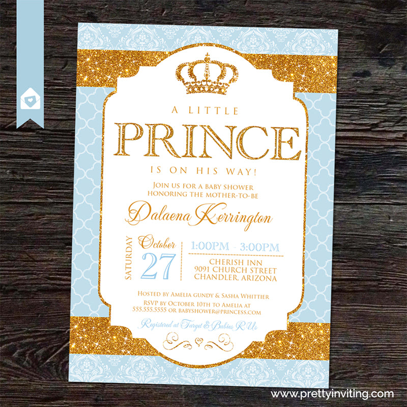 Royal Prince Baby Shower Invitation Gold Baby Blue Pretty Inviting