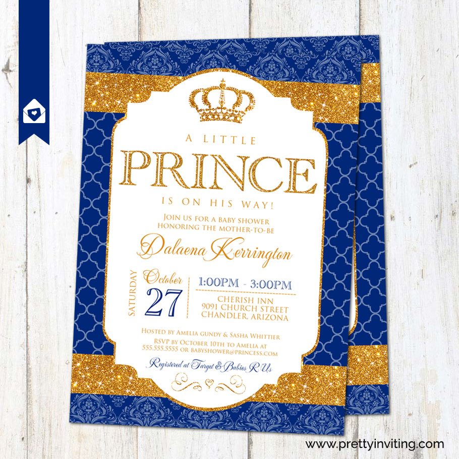 Royal Prince Baby Shower Invitation Gold Blue Pretty Inviting