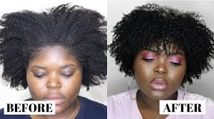 A black woman with natural hair showing a side profile. A picture on the left shows her with dry hair and a picture on the right shows her with moisturized hair. She is standing against a grey background. 