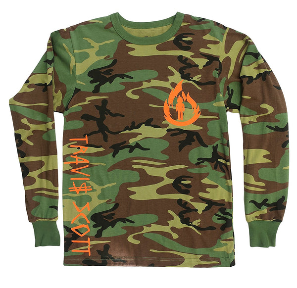 Travis Scott, LA Flame Logo, Camouflage Long Sleeve Shirt (Orange Logo ...