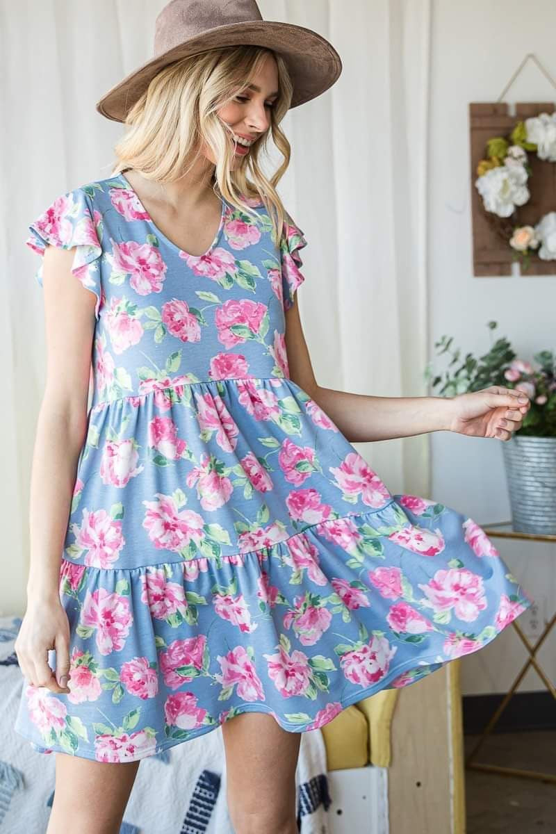 Floral Baby Doll Tunic Dress, Light Blue