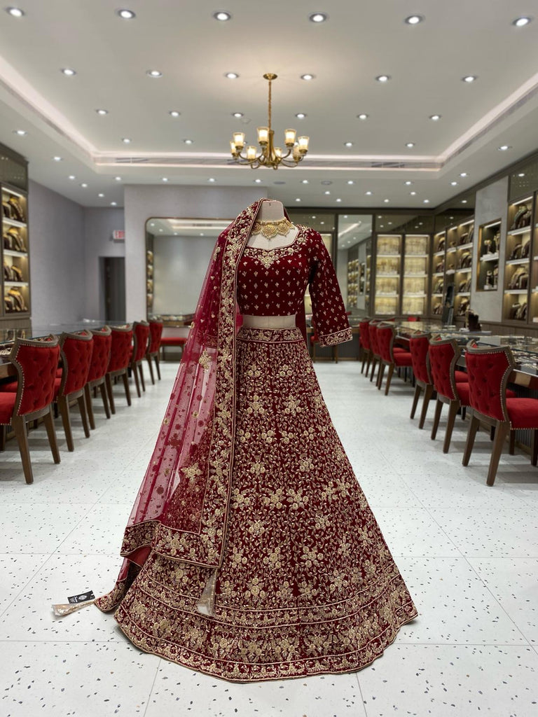 Designer Maroon Net Hand Embroidered Bridal Lehenga MIHAZ002