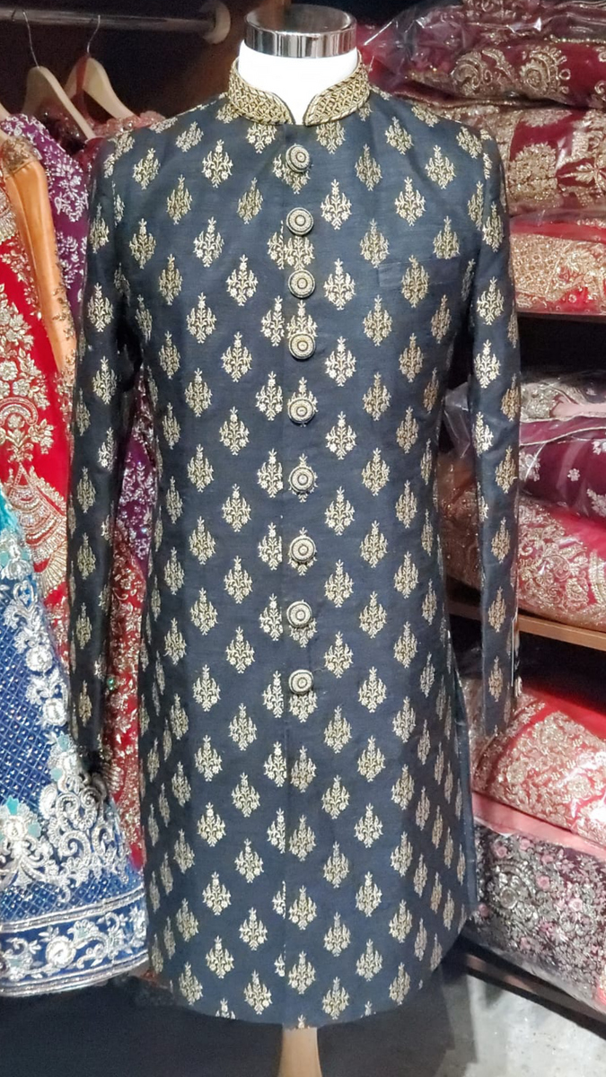 Black Raw Silk Sherwani – Nazranaa