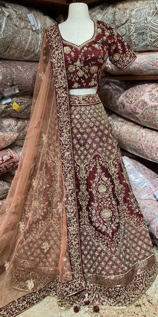 Bridal Lehengas : Maroon pure velvet heavy designer embroidered ...