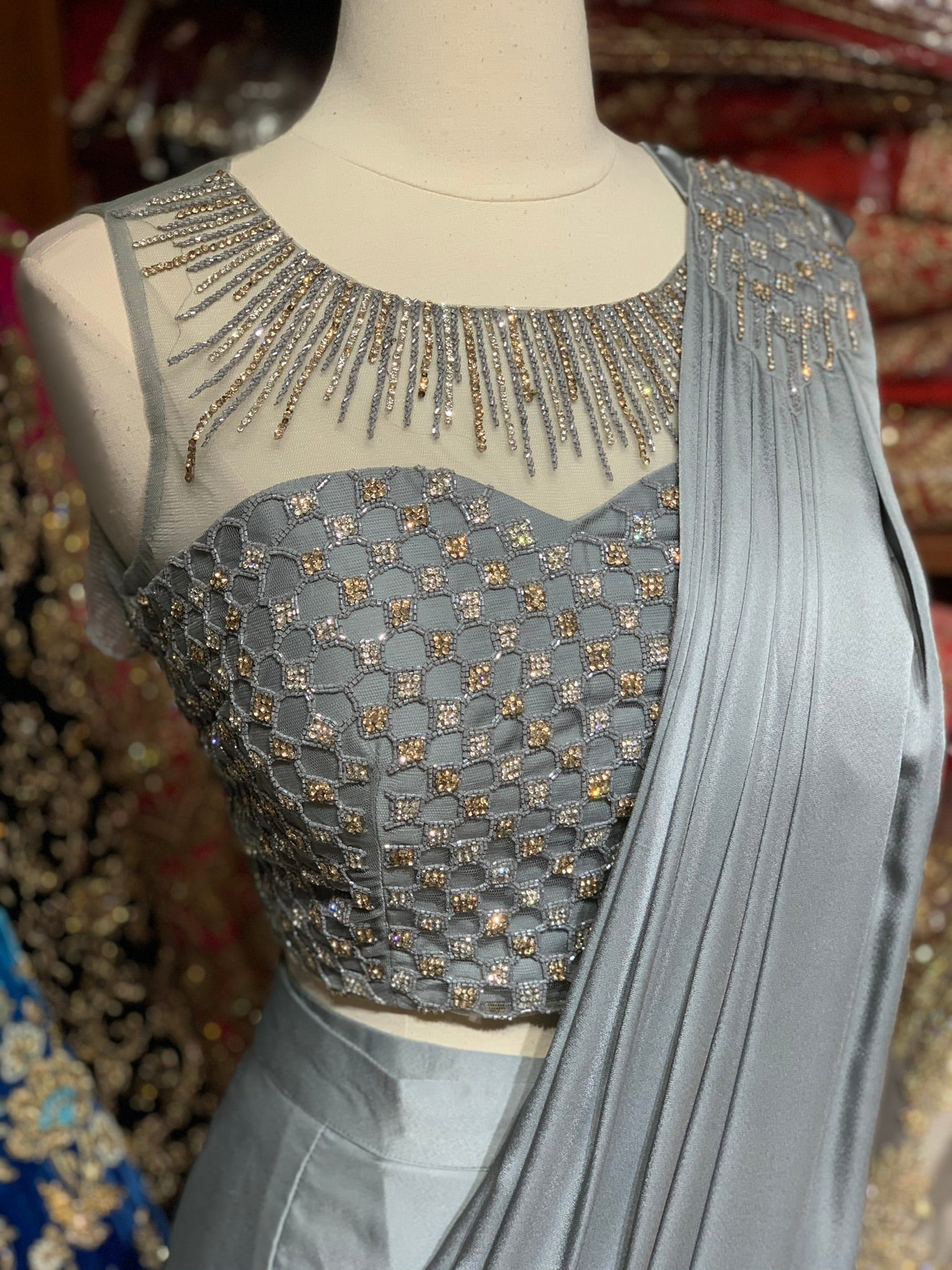 Grey Pre-Stitched Saree W/ Readymade Blouse PSS-16 – Nazranaa