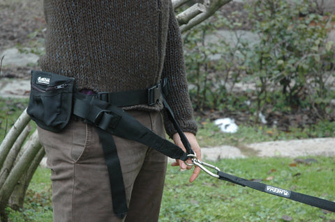 Man wearing belt for hands free skijoring