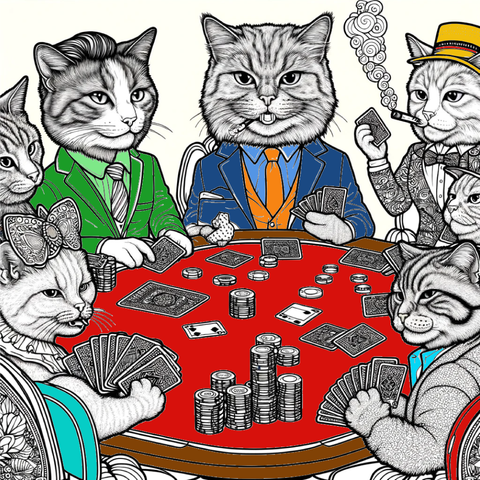 This image depicts six cartoon cats sitting around a red poker table, playing cards and surrounded by piles of poker chips. Each cat is uniquely dressed in human-style clothing, adding a humorous touch to the scene.