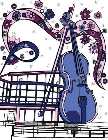 This vibrant artwork showcases an oversized blue violin, towering in the foreground with its bow angled across the strings, set against a whimsical background. The violin and bow are stylized with bold outlines and solid fills of deep blue and black, evoking a sense of artistic abstraction. This image captures the essence of Nova Scotia's musical heritage, symbolized by the fiddle—an iconic emblem welcoming visitors to the region and reflecting its rich cultural tapestry."