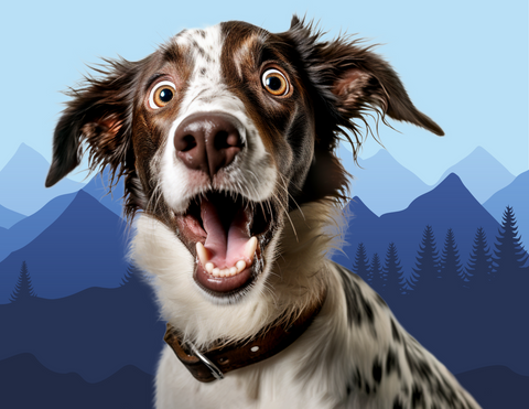 This image shows a close-up of an excited brown and white dog with wide eyes and a big open mouth, set against a backdrop of distant blue mountains and pine trees.