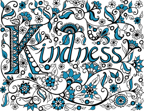 Black and white intricate coloring page featuring the word 'Kindness' in a large, decorative font surrounded by a detailed floral pattern with leaves, flowers, and swirls, inviting users to add color and promote the message of kindness. Perfect for a blog about fostering kindness and inclusivity through creative expression.