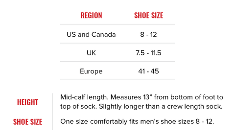 Boardroom Socks Mid-Calf Length Size Chart