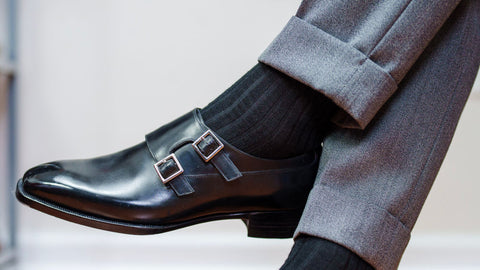 black dress socks with a grey suit and black monkstrap shoes