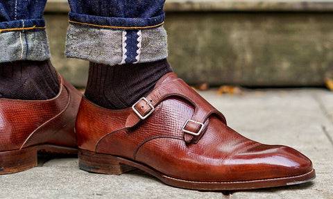 brown dress socks with jeans and monkstrap shoes