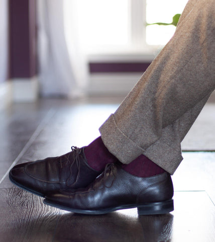 burgundy dress socks with a tan suit