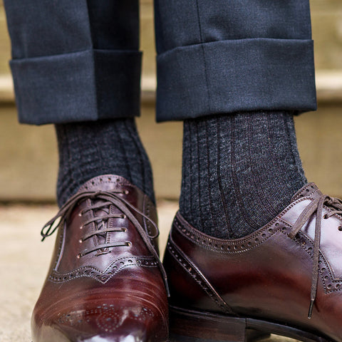 charcoal grey dress socks with dark grey slacks and brown dress shoes