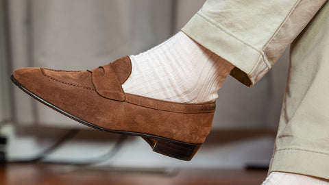 cream dress socks with khakis and light brown suede loafers