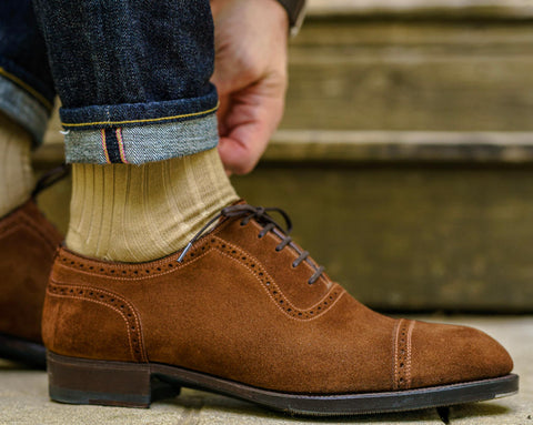 khaki socks with jeans and suede dress shoes