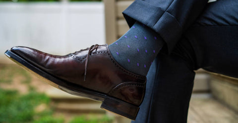 understated grey dress socks with lavender dots