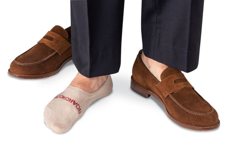 no show dress socks with navy suit and brown suede penny loafers