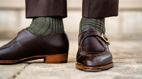 olive green dress socks with a brown suit and dark brown monkstrap dress shoes
