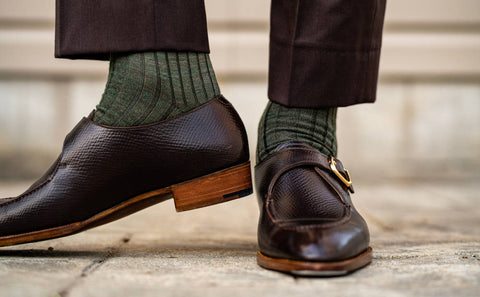 olive green dress socks with dark brown suit
