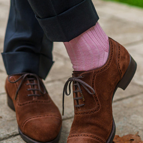 pink dress socks with grey slacks and brown suede shoes