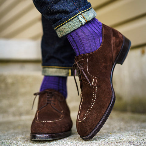 purple dress socks with jeans and dark brown dress shoes