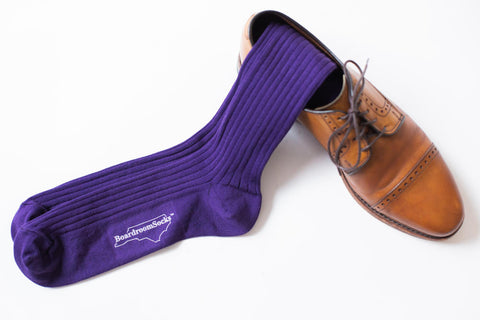 purple dress socks with light brown dress shoes