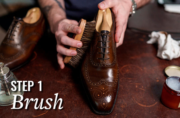 first step to shining dress shoes is to thoroughly brush them