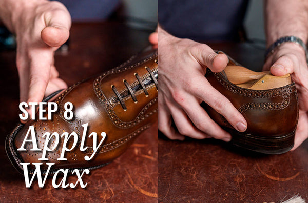 man applying wax polish to heel and toe of brown dress shoes