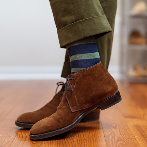 olive and navy striped dress socks with chukka boots