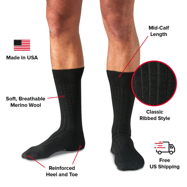 Black Merino Wool Mid Calf Dress Socks | Boardroom Socks